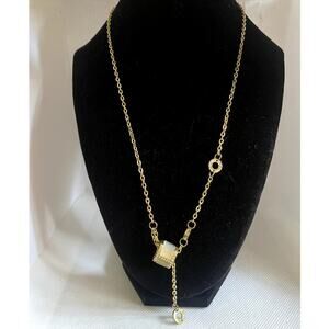 Gold Tone Necklace Cream Enamel Barrel Pendant Rhinestone Statement